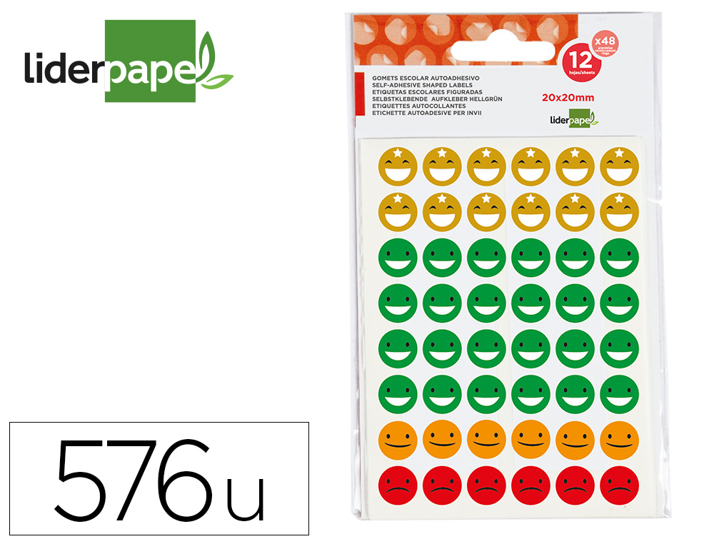 Gomets Liderpapel caras Smile bolsa de 12 hojas 48 caras por hoja colores surtidos